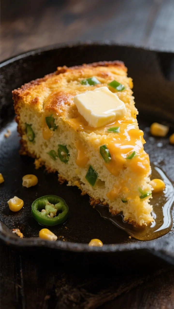 Close-up detail: A golden-edged slice of cheddar jalapeño cornbread just cut from a hot cast-iron s
