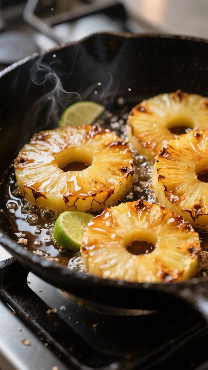 Close-up detail: Caramelized pineapple slices searing in a cast-iron skillet, edges deeply golden wi