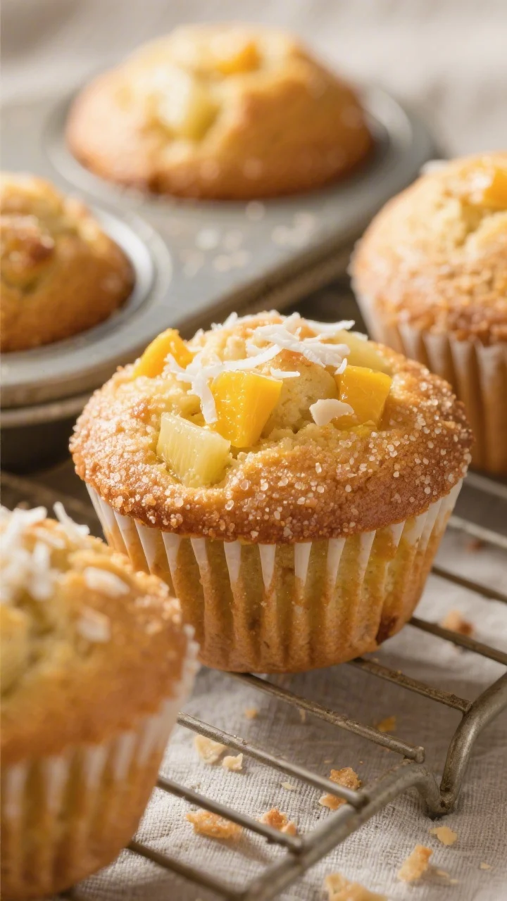 Close-up detail: Freshly baked mango pineapple muffins just out of the tin, golden domed tops with a