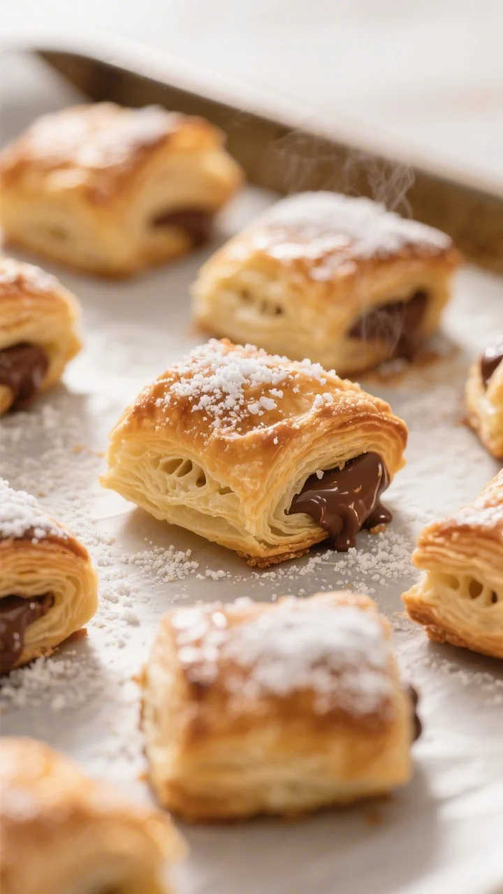 Close-up detail: Freshly baked Nutella puff pastry bites just out of the oven, deeply golden and puf
