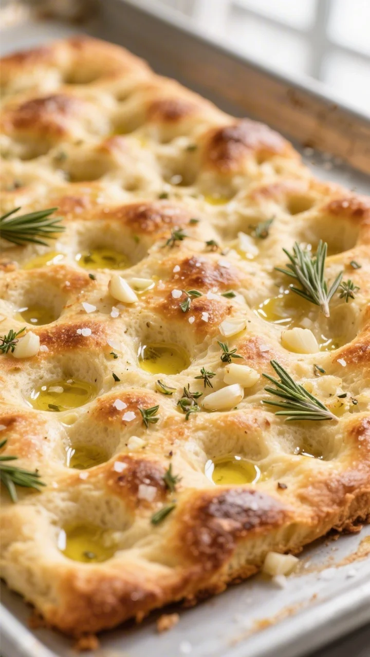 Close-up detail: Golden-baked garlic herb focaccia just out of the oven, extreme close-up of deeply 