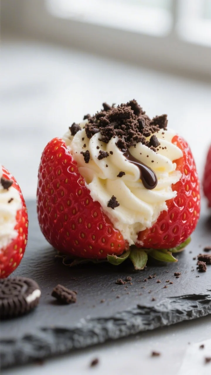 Close-up detail: Oreo cheesecake–stuffed strawberries freshly filled and mounded, creamy vanilla-s