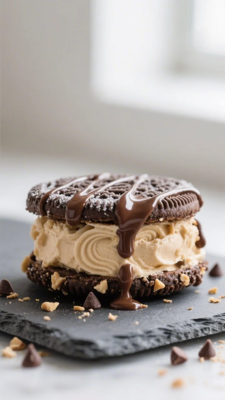 Close-up detail shot of a finished Peanut Butter Oreo Ice Cream Sandwich with the ice cream edges ro