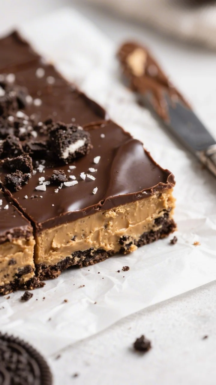 Close-up detail shot of a sliced No-Bake Peanut Butter Oreo Bar on parchment, showcasing the dense,