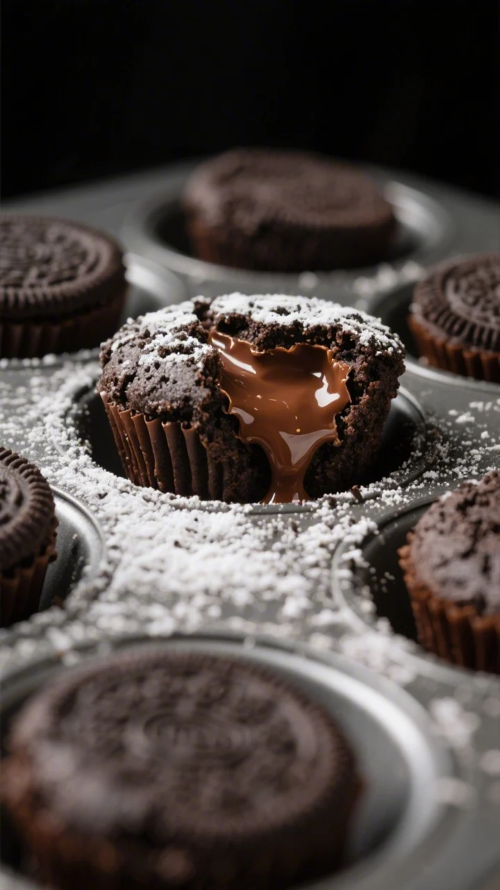 Close-up detail shot of freshly baked Oreo Nutella Lava Bites just out of the mini muffin tin, one b