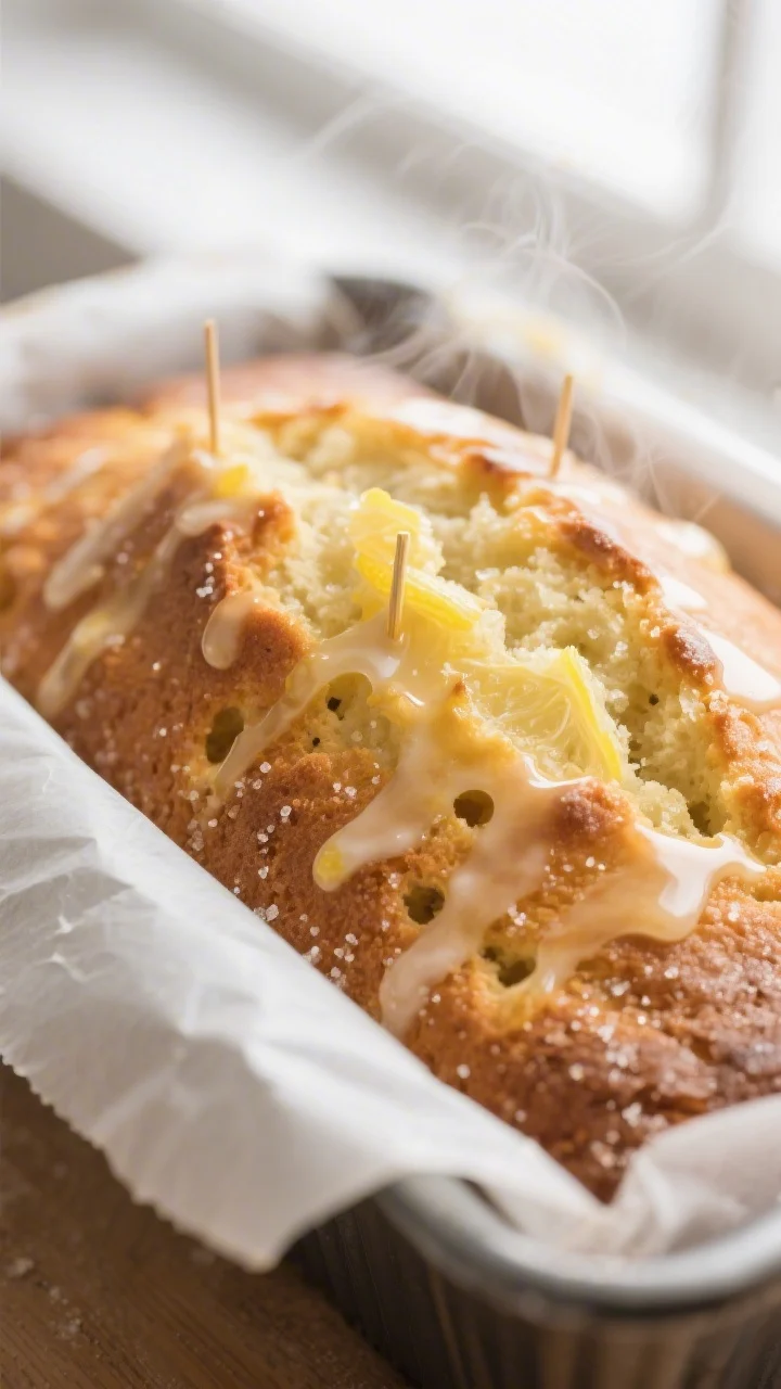 Close-up of a freshly baked lemon drizzle loaf in the pan right after soaking, warm golden crust pie