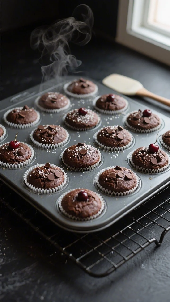 Cooking process: Overhead shot of a 12-cup muffin pan just out of the oven with evenly domed dark ch