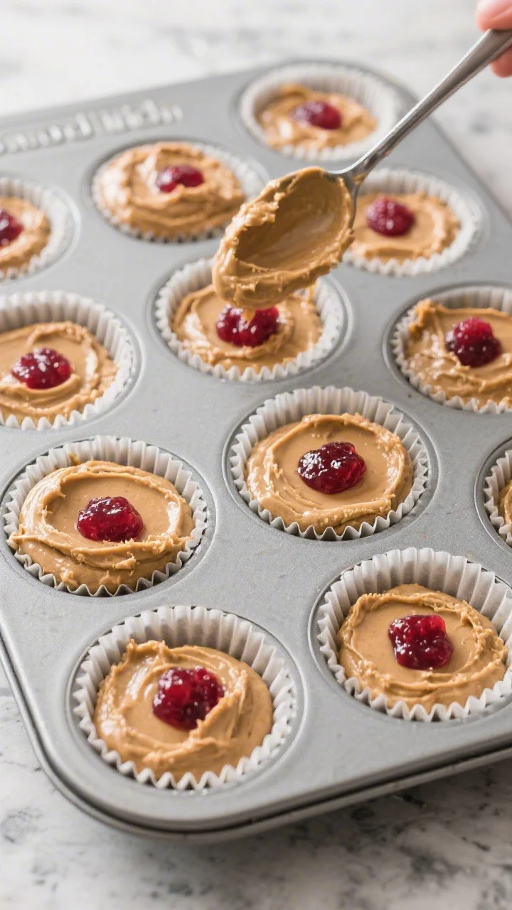 Cooking process: Overhead shot of a lined 12-cup muffin tin mid-assembly—bottom layer of thick, pe