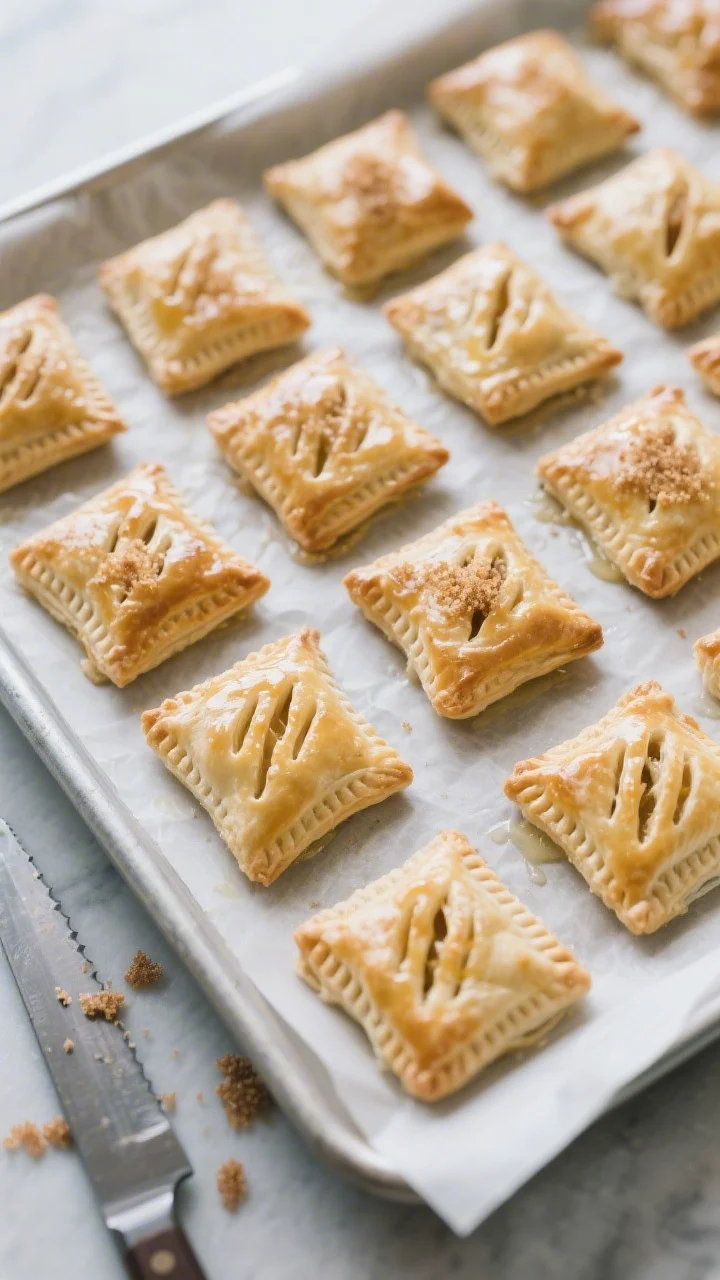 Cooking process: Overhead shot of assembled, chilled puff pastry bites on a parchment-lined tray rig