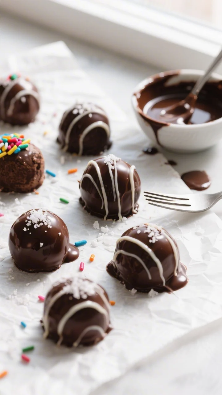 Cooking process: Overhead shot of chilled, freshly dipped truffles resting on parchment after coatin
