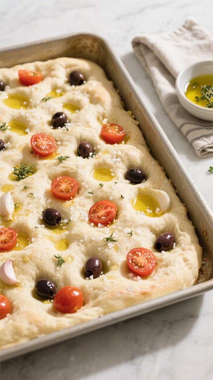 Cooking process: Overhead shot of puffy, fully proofed focaccia dough in a generously oiled 9x13 pan