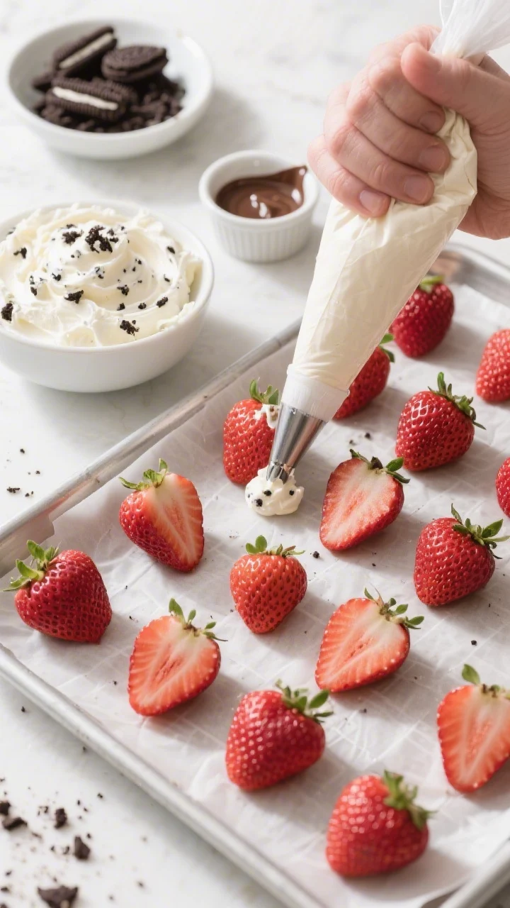 Cooking process: Overhead shot of the assembly stage—piping bag mid-fill over a neat grid of stabi