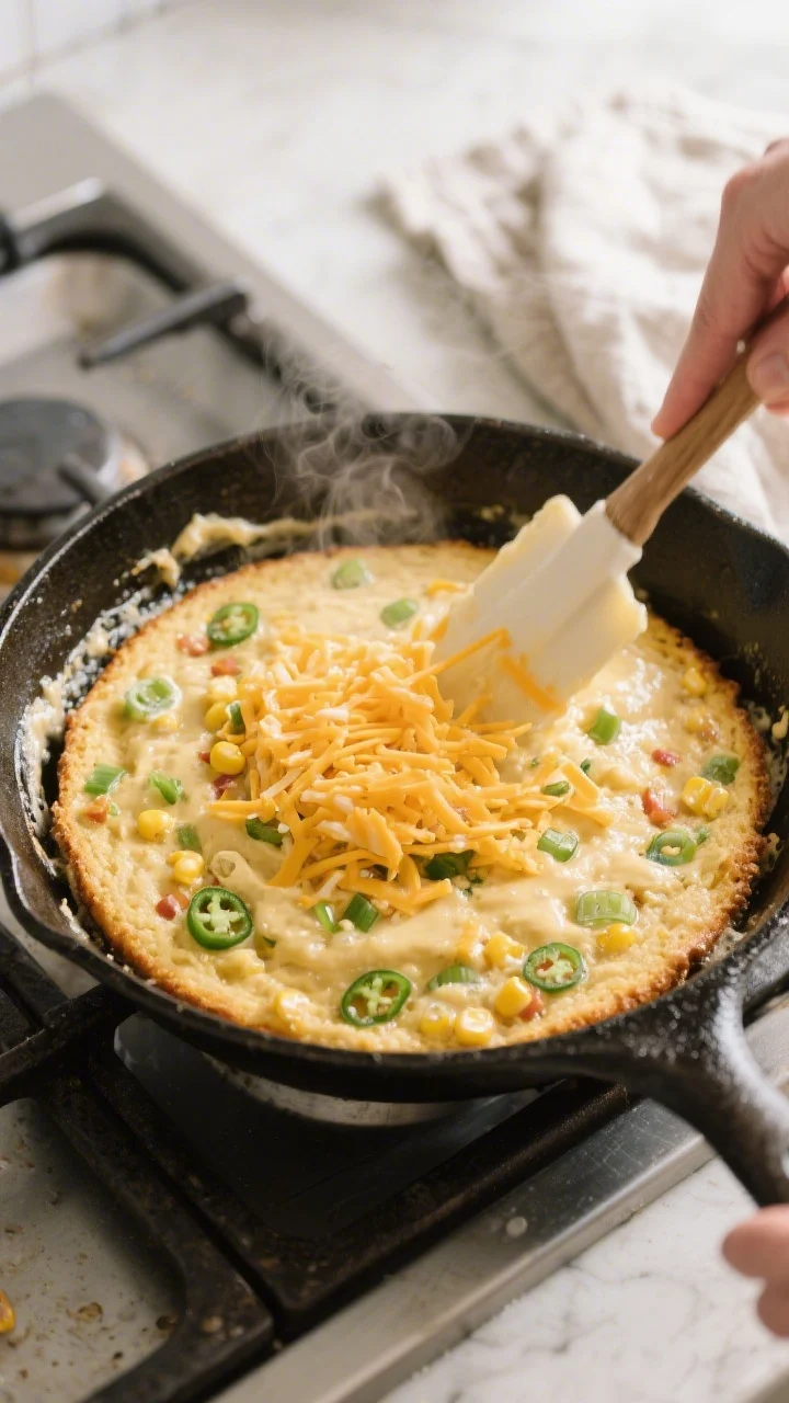 Cooking process: Overhead shot of the cornbread batter being scraped into a preheated, butter-sizzle