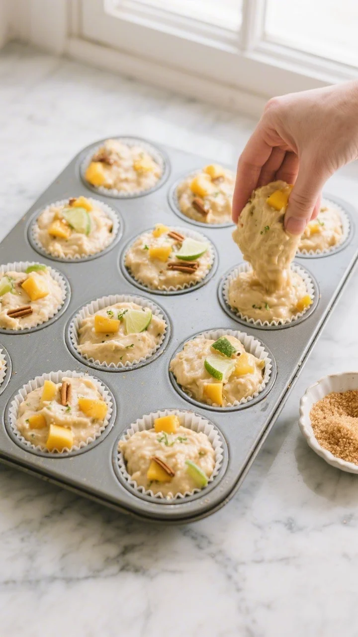 Cooking process: Overhead shot of the muffin batter being portioned into a lined 12-cup muffin pan, 