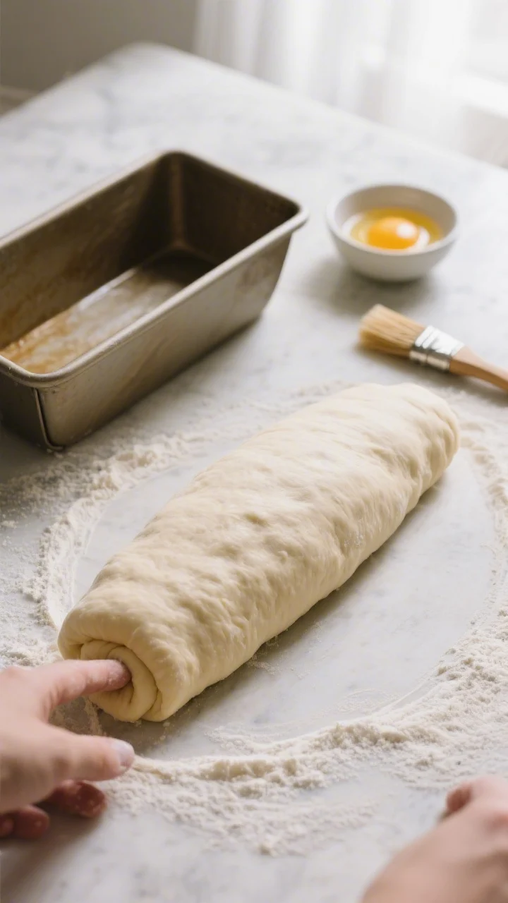 Cooking process: Shaping stage overhead shot—pillowy, smooth dough being rolled into a tight cylin