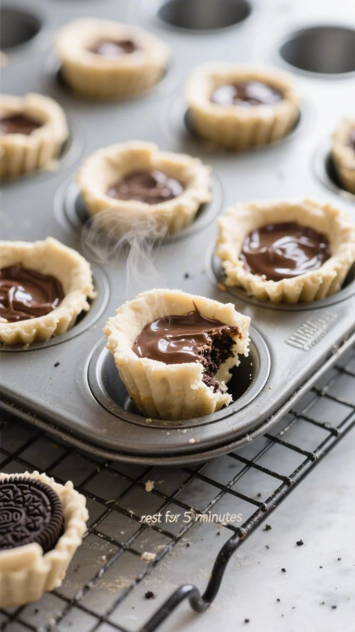 Cooking process shot: assembled Oreo-cream cheese dough cups in a mini muffin tin with frozen Nutell