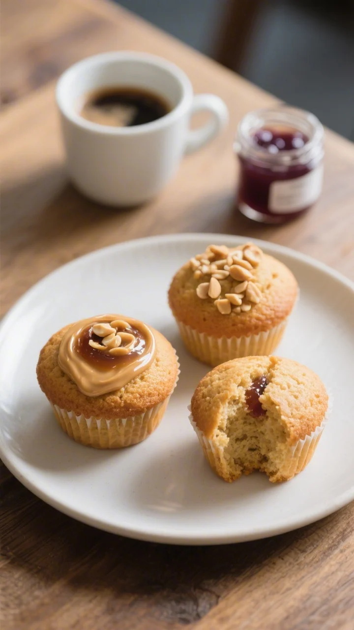 Final dish presentation: A trio of golden peanut butter jelly muffins on a matte white plate, one wi