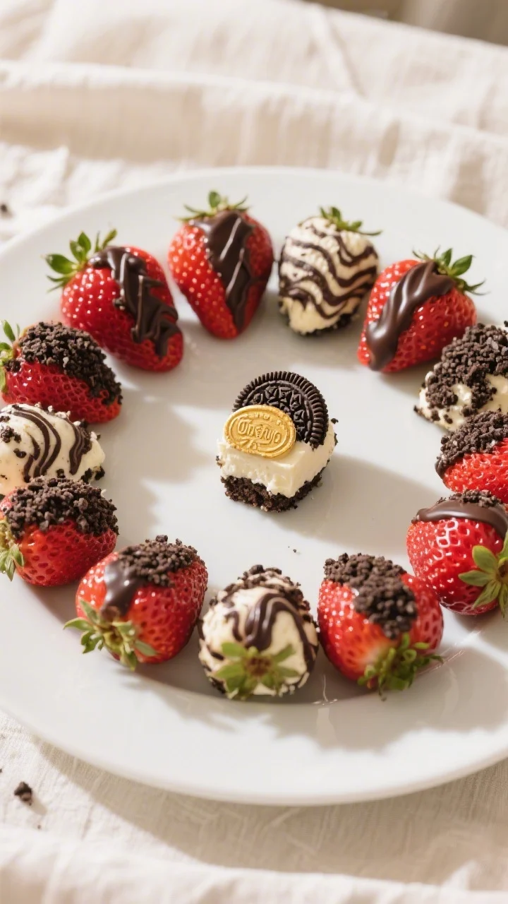 Final dish presentation: Beautiful party-ready platter of Oreo cheesecake–stuffed strawberries arr