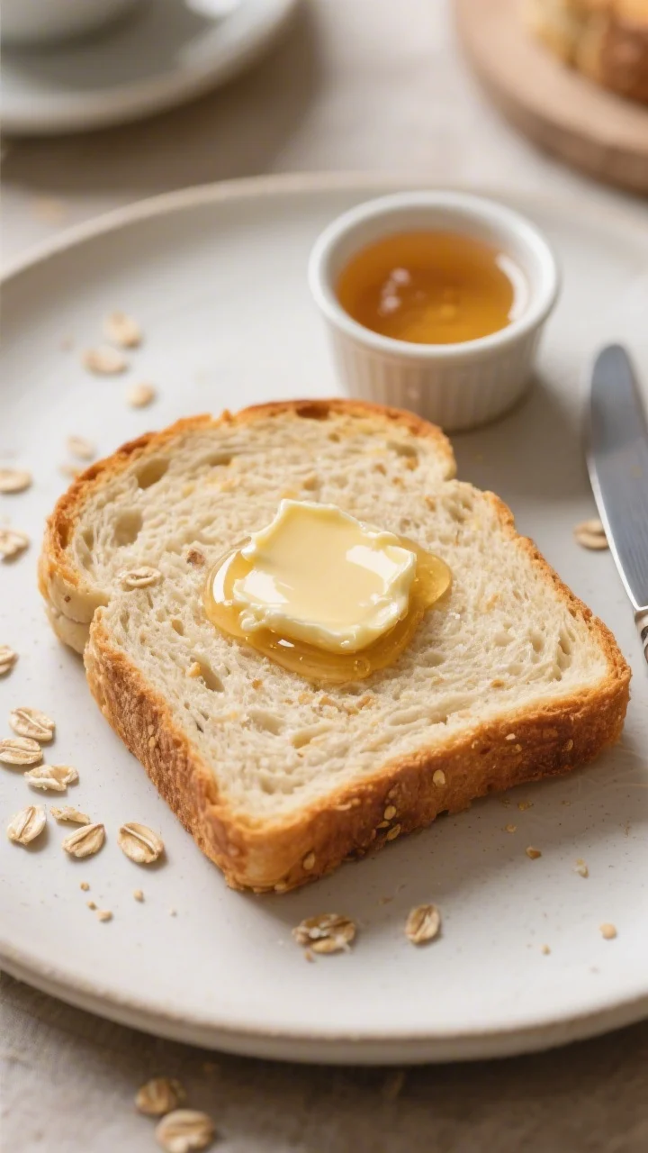 Final dish presentation: Overhead, cozy breakfast scene featuring thick slices of honey oat bread to