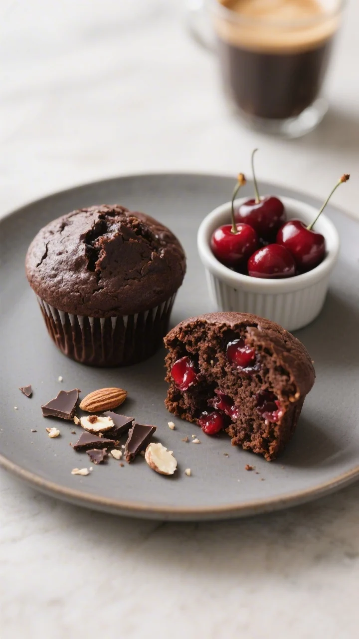 Final dish presentation: Restaurant-quality plate of two dark chocolate cherry muffins—one whole w