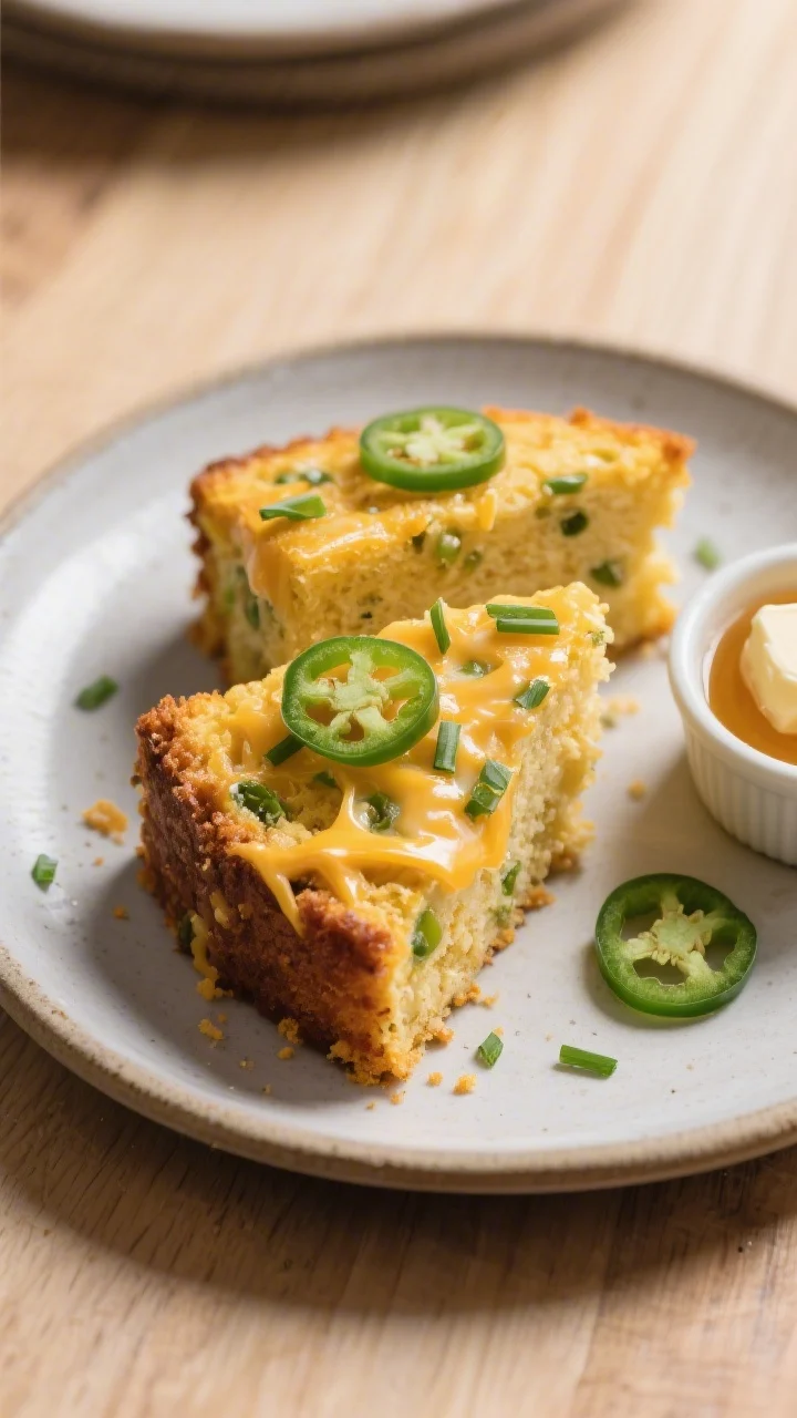 Final dish presentation: Restaurant-quality plated wedges of cheddar jalapeño cornbread stacked sli