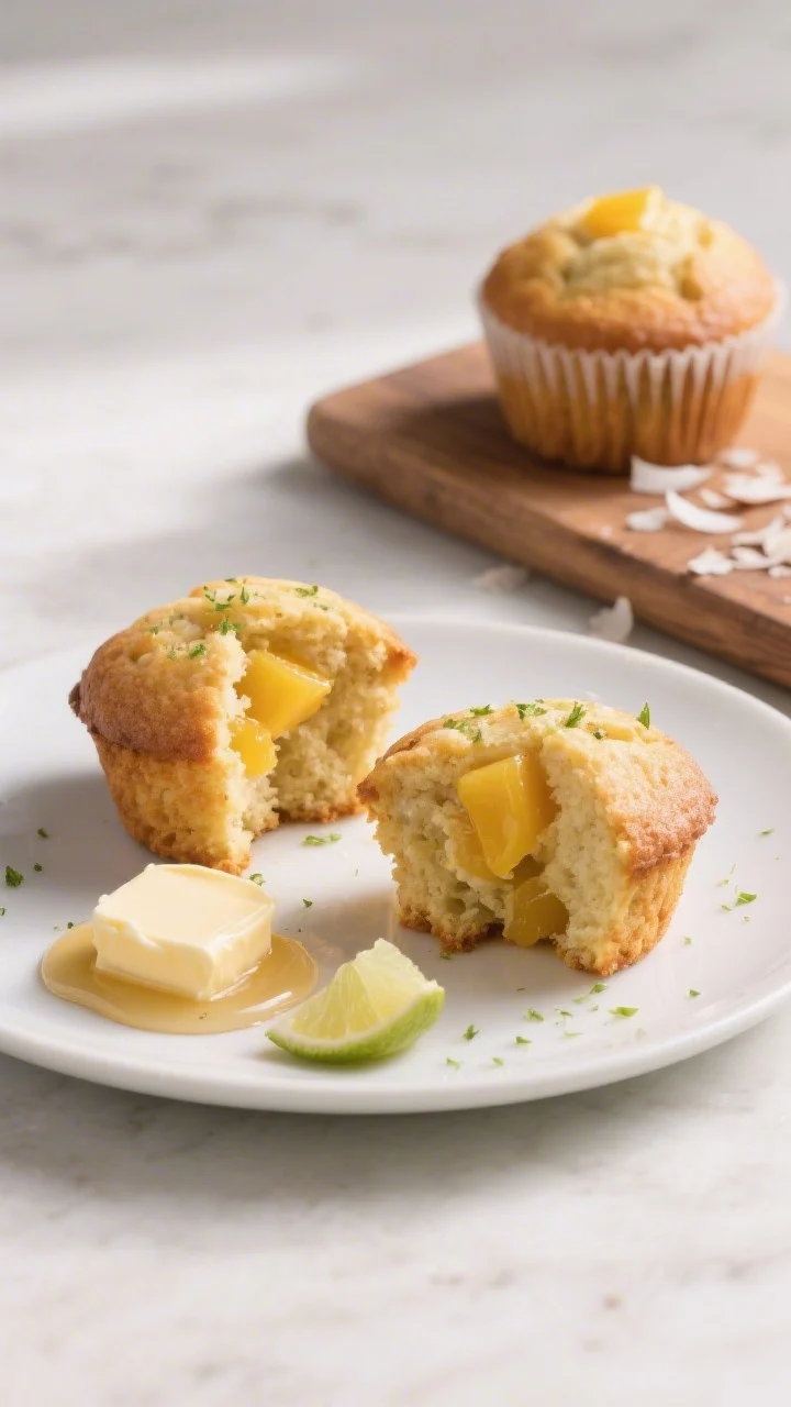 Final dish presentation: Restaurant-quality plated mango pineapple muffins for brunch—two split mu