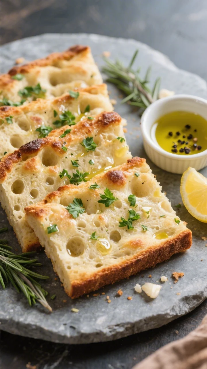 Final dish presentation: Restaurant-quality serving of thick, square-cut slices of garlic herb focac