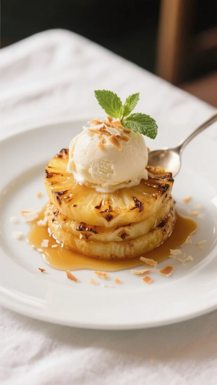 Final dish presentation: Warm caramelized pineapple rings stacked over a scoop of vanilla ice cream,