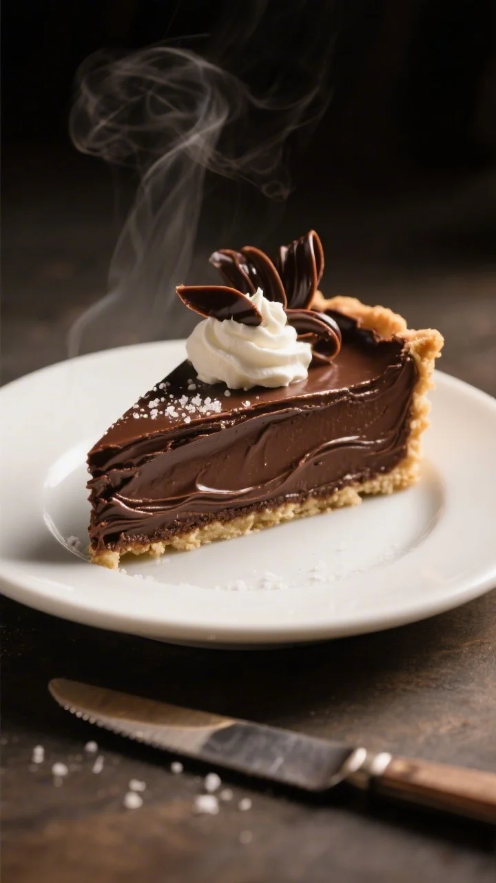 Final plated dish: A single immaculate slice of dark chocolate silk pie on a small white plate, topp