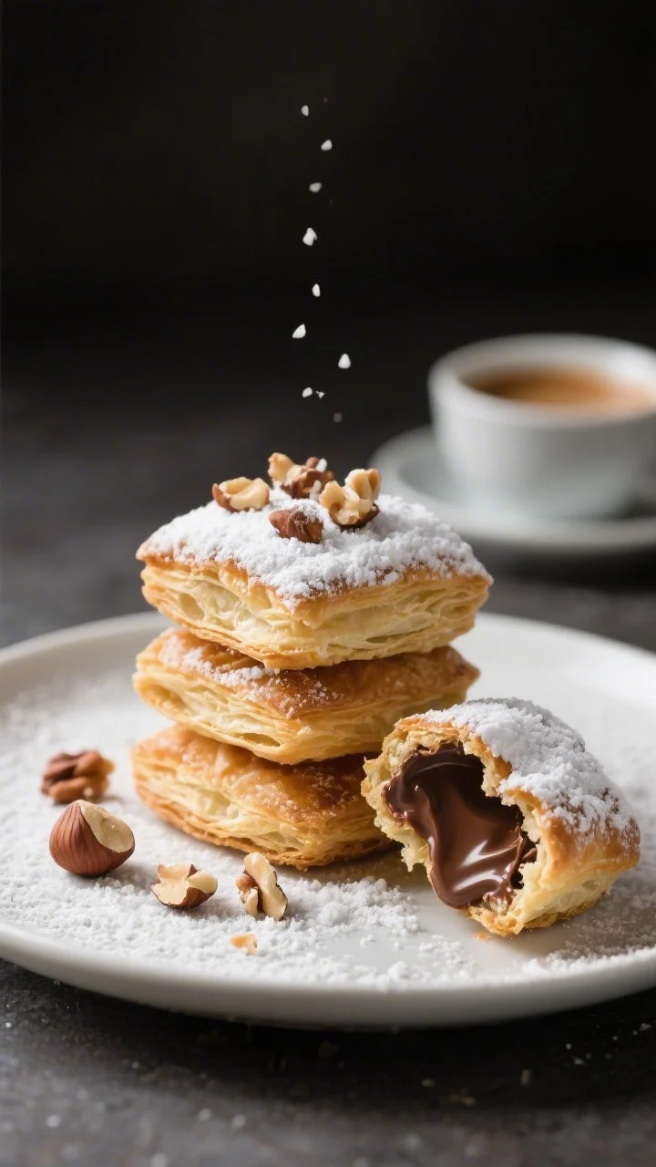Final presentation: Beautifully plated Nutella puff pastry bites stacked casually on a matte white p