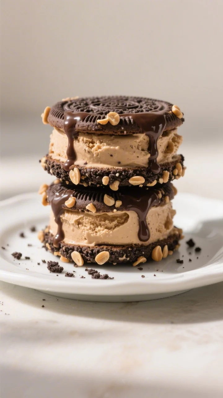 Final presentation shot: a stack of three fully set Peanut Butter Oreo Ice Cream Sandwiches on a whi