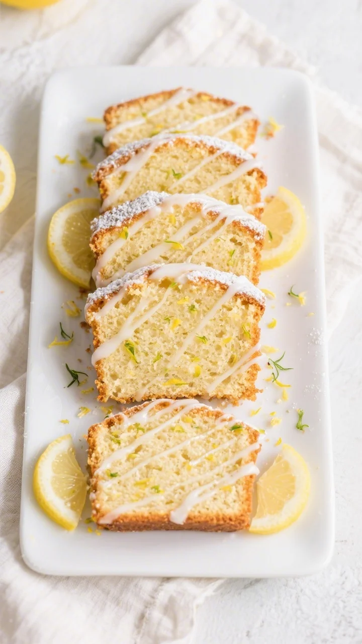 Overhead shot of the cooled lemon drizzle cake sliced on a white rectangular platter, neat even slic