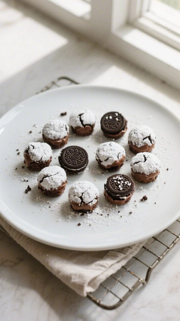 Overhead “tasty top view” of a small platter of Oreo Nutella Lava Bites arranged in a loose circ