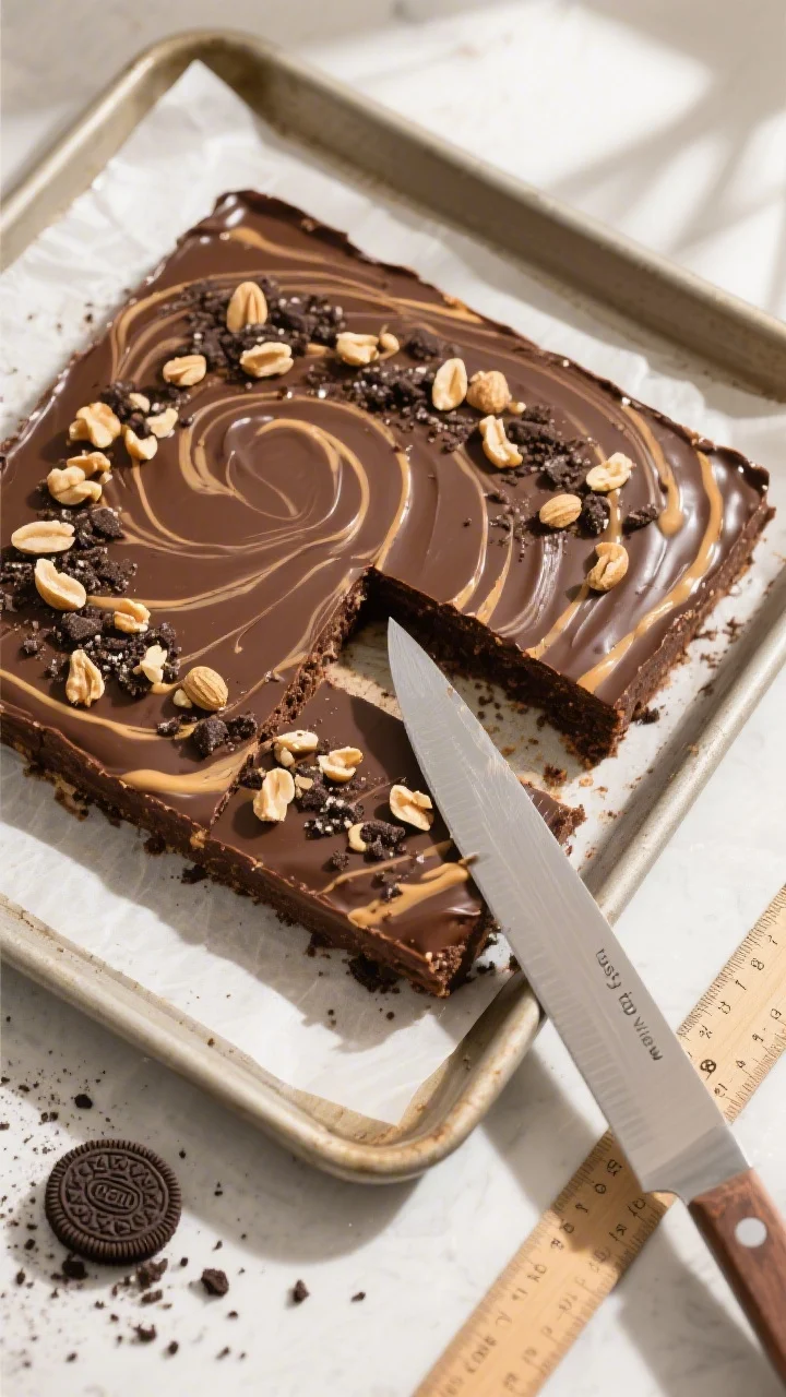 Overhead “tasty top view” of the full 8x8 slab just removed from the pan onto parchment, topped