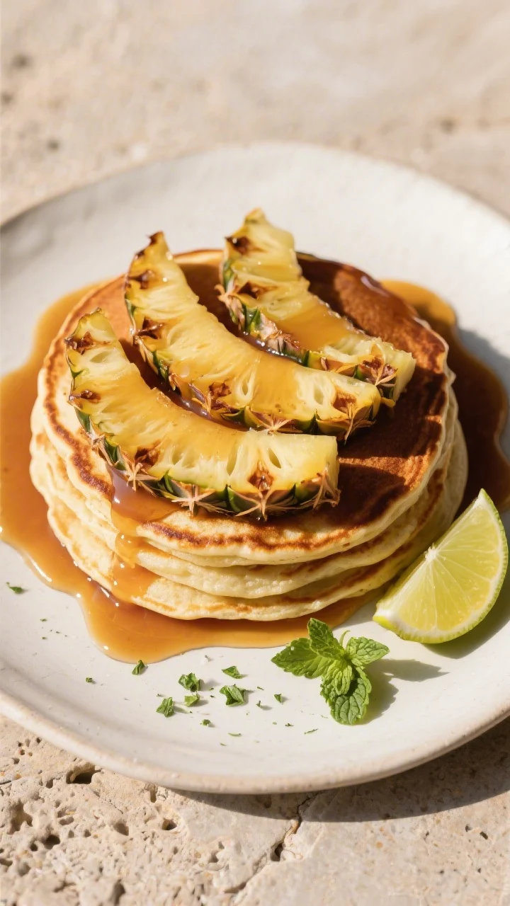 Tasty top view: Overhead shot of caramelized pineapple spears arranged in a fanned pattern over fluf