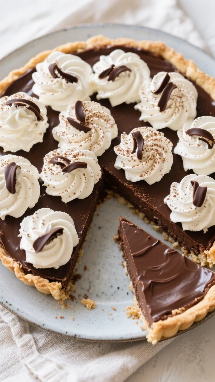 Tasty top view: Overhead shot of the fully set dark chocolate silk pie topped with soft-peak whipped