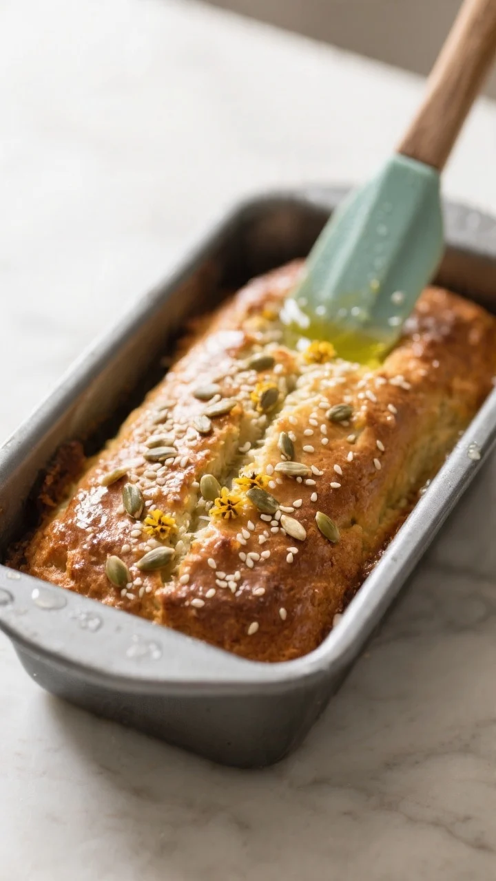 5-inch loaf pan with a damp spatula; visible glossy sheen from olive oil and warm water, sprinkled o