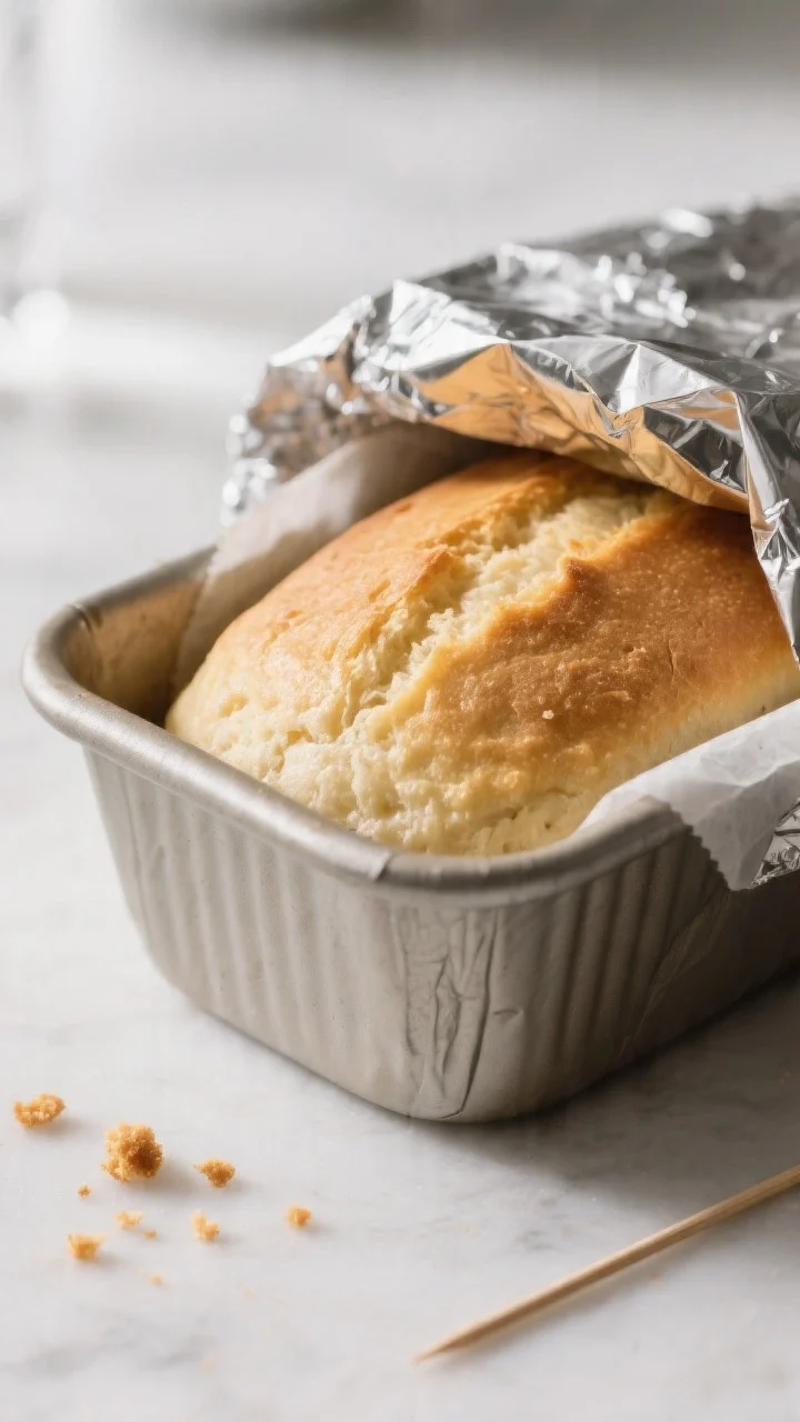 5-inch pan, golden top and even rise, a loose foil tent pulled back to reveal perfectly baked surfac