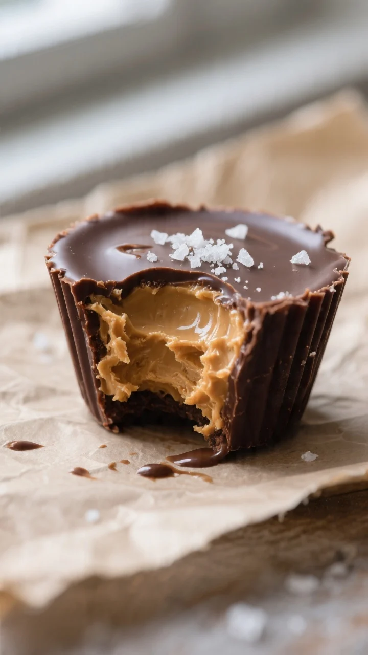 Close-up detail: A bitten Frozen Peanut Butter Nutella Cup on parchment, revealing a thick, creamy p