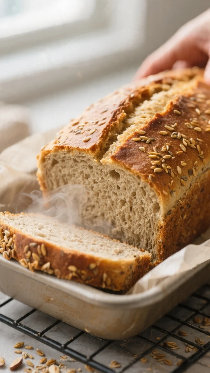 Close-up detail: A freshly baked keto flaxseed meal bread loaf just lifted from the pan, crust deep 
