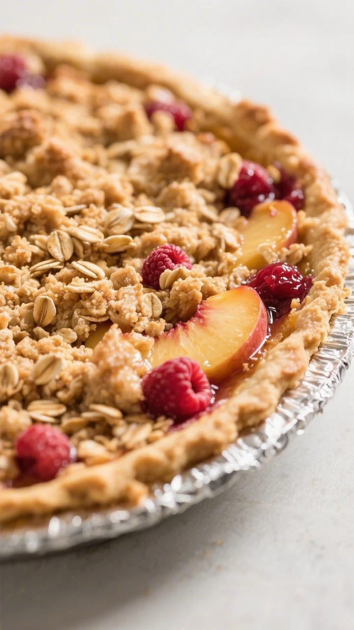 Close-up detail: A freshly baked Peach Raspberry Crumble Pie just out of the oven on a foil-lined sh
