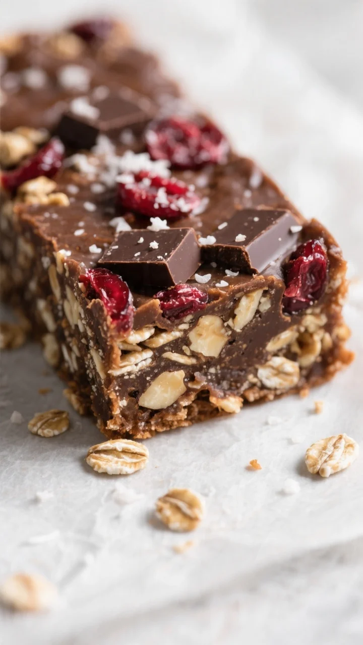 Close-up detail: A freshly sliced Dark Chocolate Cherry Oat Bar with a chewy cross-section, showing 