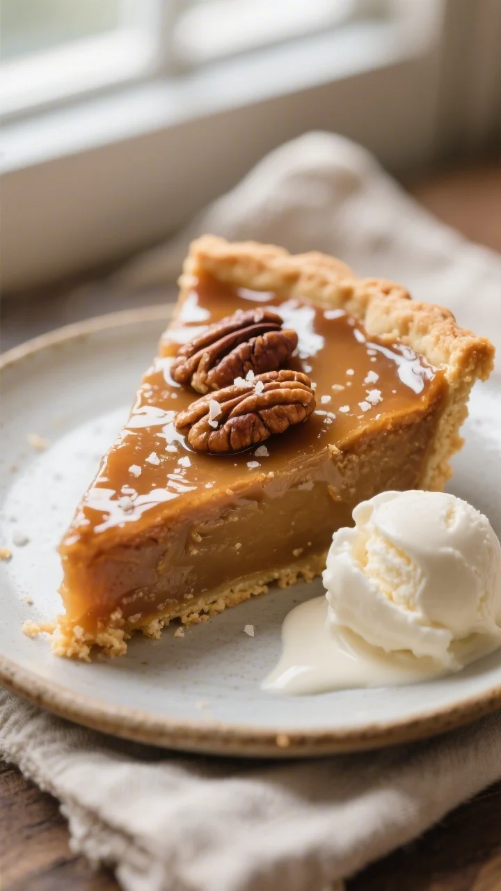 Close-up detail: A glossy slice of Maple Bourbon Pecan Pie just cut and slightly warm, showcasing a 