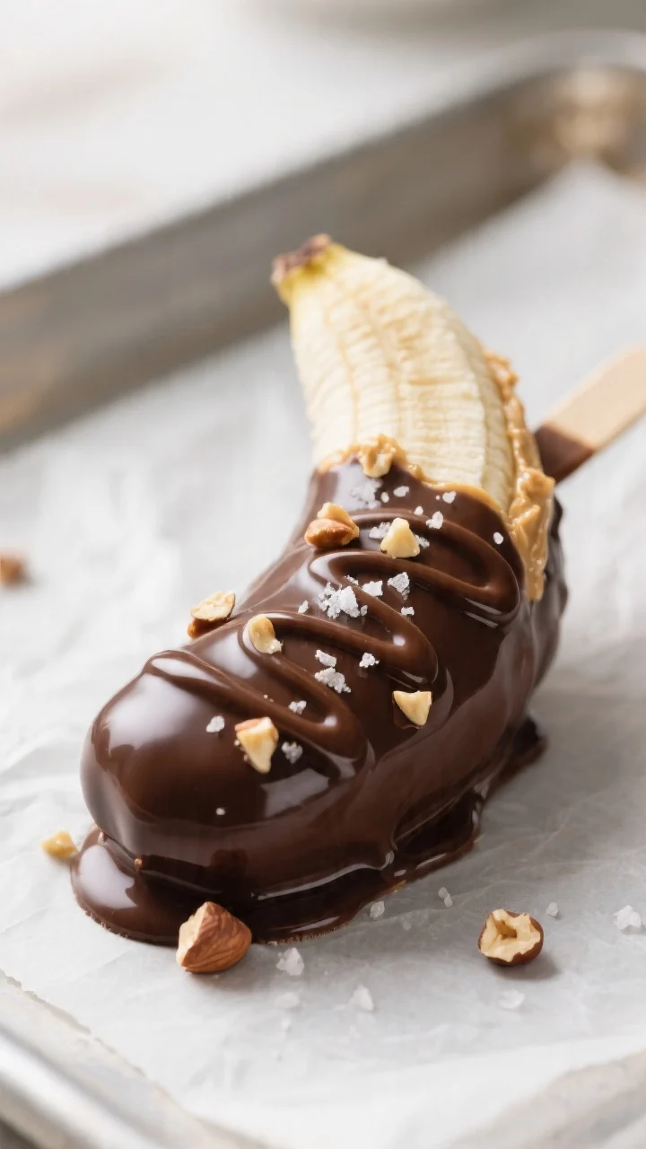 Close-up detail: A half-dipped Nutella–peanut butter banana pop just after the chocolate dip, glos