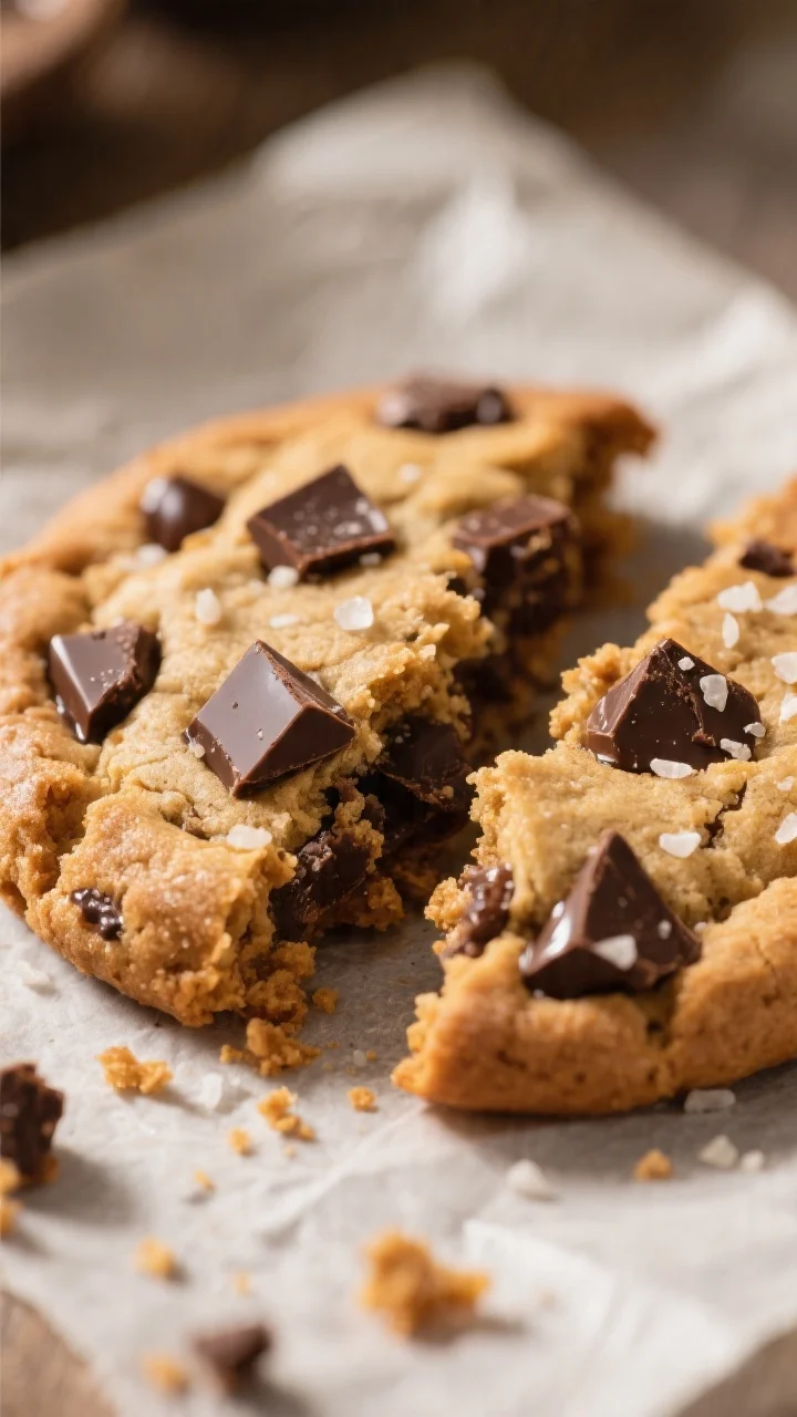 Close-up detail: A just-baked brown butter chocolate chip cookie torn in half, revealing glossy pudd