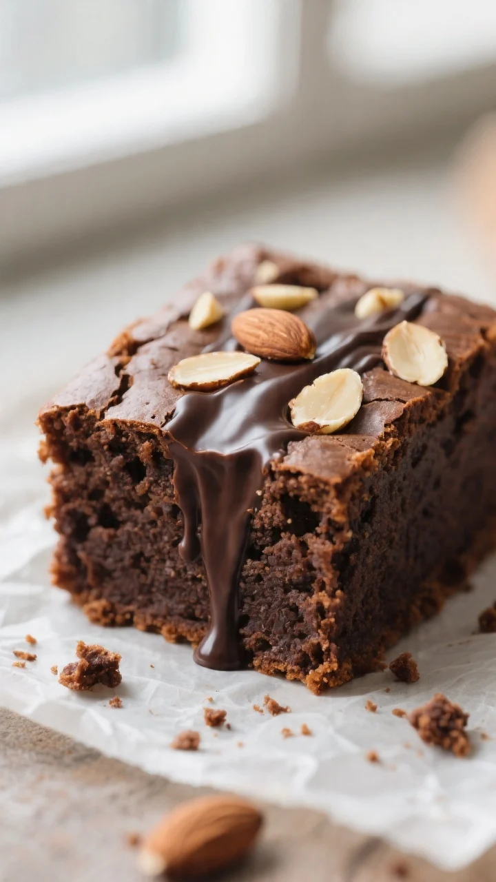 Close-up detail: A just-baked dark chocolate almond snack cake corner square, sliced warm, with glos