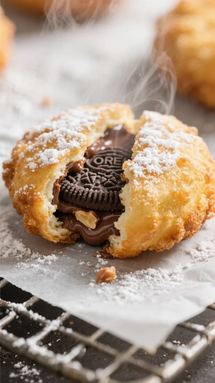 Close-up detail: A just-fried Nutella-stuffed Oreo torn open to reveal a molten chocolate-hazelnut c