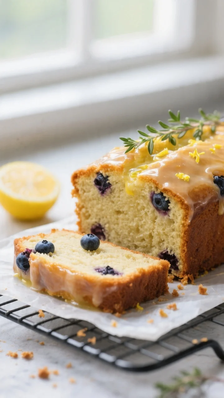 Close-up detail: A sliced lemon blueberry pound cake loaf on a cooling rack, focus on the plush crum