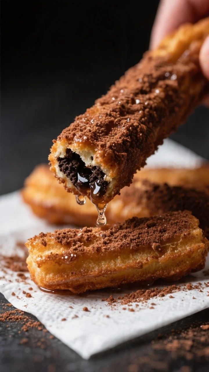 Close-up detail: Freshly fried Oreo churro bites draining on a paper towel for 15 seconds, still gli