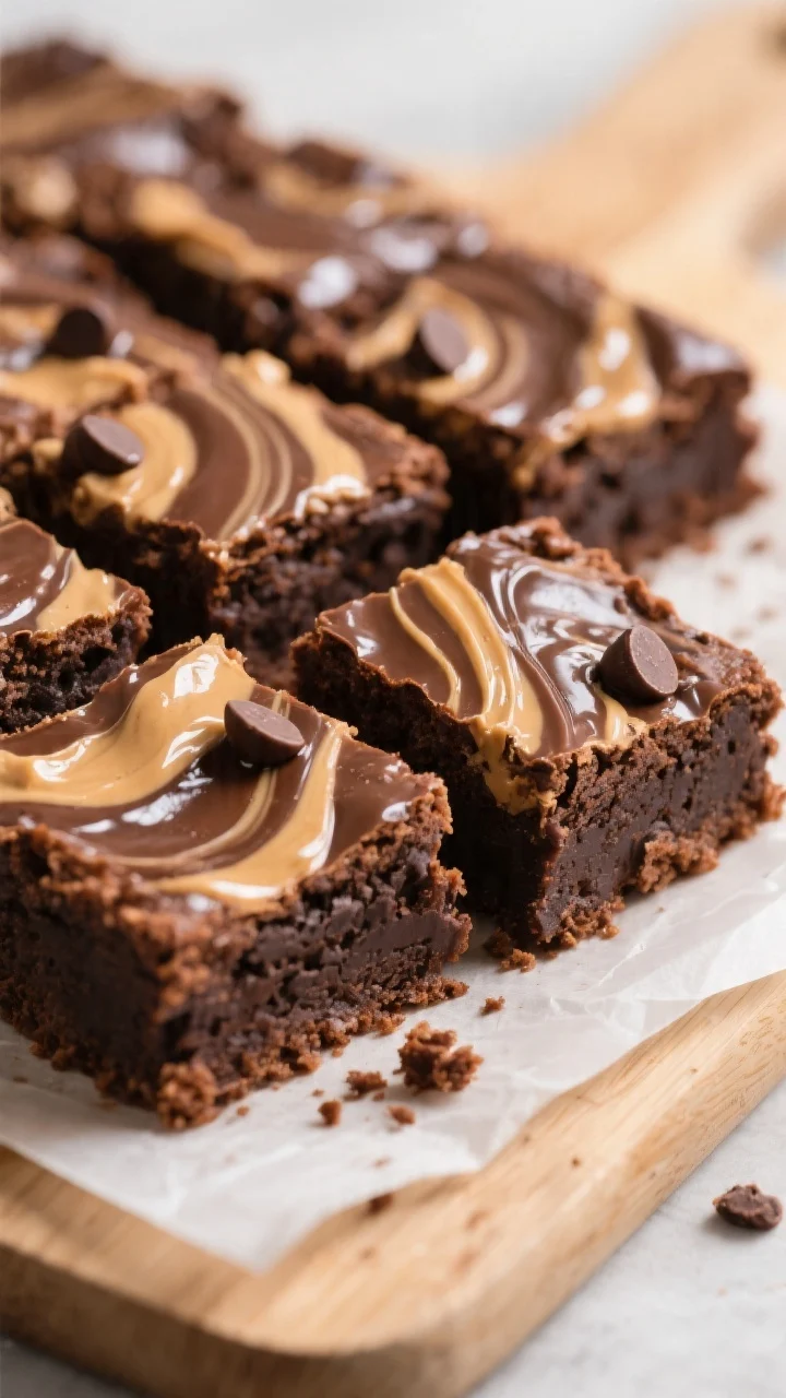 Close-up detail: Fudgy Peanut Butter Nutella Swirl Brownies just after slicing, showing dense, moist